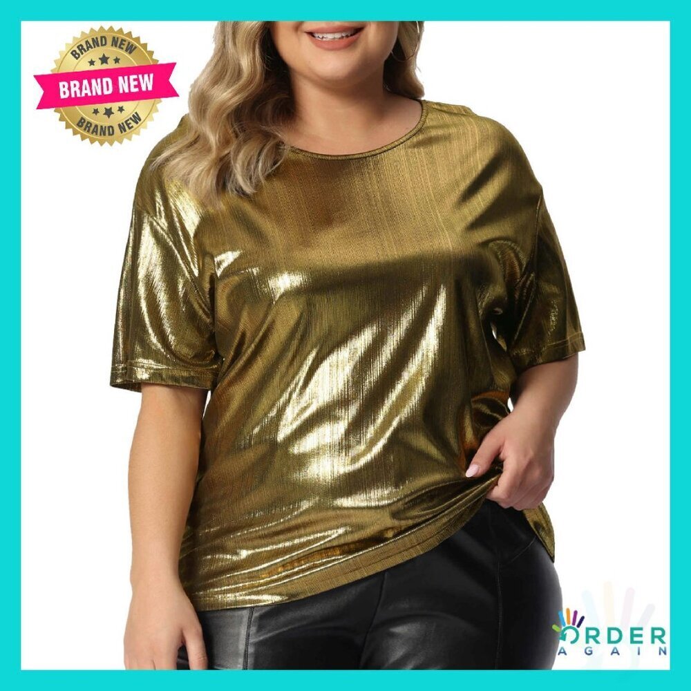 Metallic Sparkly Tee Plus Size Party Top Y2K Disco Chic Short Sleeve